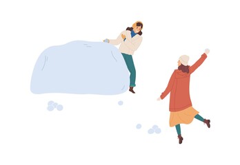 Woman hiding behind snow fortress or snowdrift while her girlfriend throwing snowball. Two friends having fun and playing winter games. Colored flat vector illustration isolated on white background