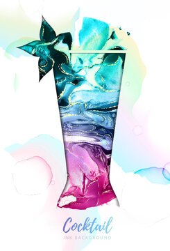 Artistic absinthe cocktail silhouette with alcohol ink texture. Marble texture background