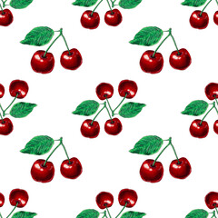 Watercolor cherry seamless pattern on a white background.