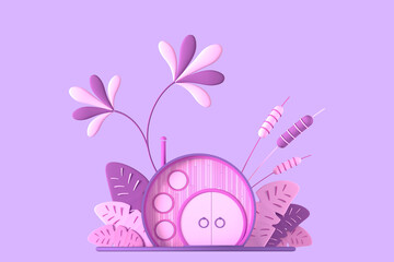 Abstract cartoon fairy-tale tiny cozy house in pastel colors on a background of fantastic stylized plants, ferns, trees and grasses. 3d illustration