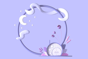 Abstract cartoon fairy-tale tiny cozy house in pastel colors on a background of fantastic stylized plants, ferns, trees and grasses with a frame border for a copy space isolated. 3d illustration