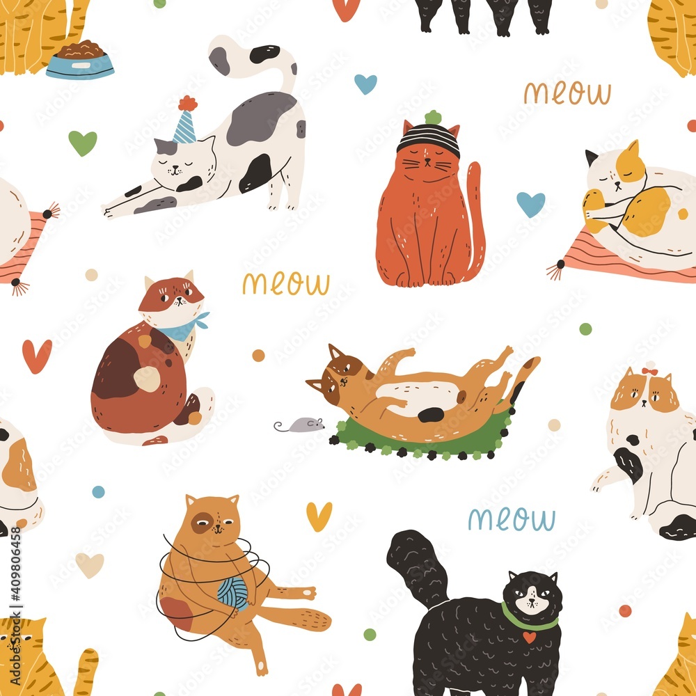 Poster seamless pattern with meow inscription and cute funny cats playing and sleeping on white background.