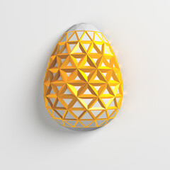 Easter concept. One single white golden egg with geometric original changing patterns on the surface on a white background. 3d illustration