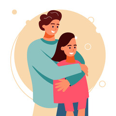 a loving man embraces a girl from the back, a partner's embrace, a happy girl. look in the opposite direction