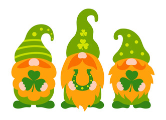St patrick day gnomes holding shamrock. Cute three dwarf with red beards and green hats. Vector illustration with characters for St patrick's day. Irish gnomes in cartoon style. Holiday greeting card