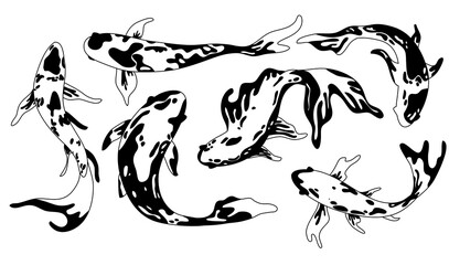 Isolated outline transparent koi fish collection. Set of various asian exotic fishes. Japan culture symbol, tattoo art, cartoon clipart.