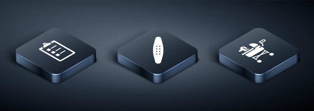 Set Isometric Grooming salon price list, Pet stroller and Nail file pet icon. Vector.