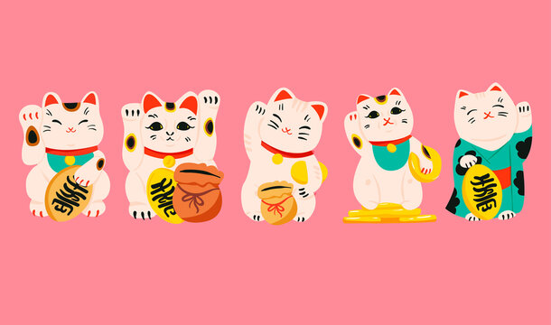 Isolated Maneki Neko collection. Set of various asian lucky cat symbols. Japan culture decoration,  cartoon clipart. Fortune sign, folklore toy. Japanese world means "1000 customers come".