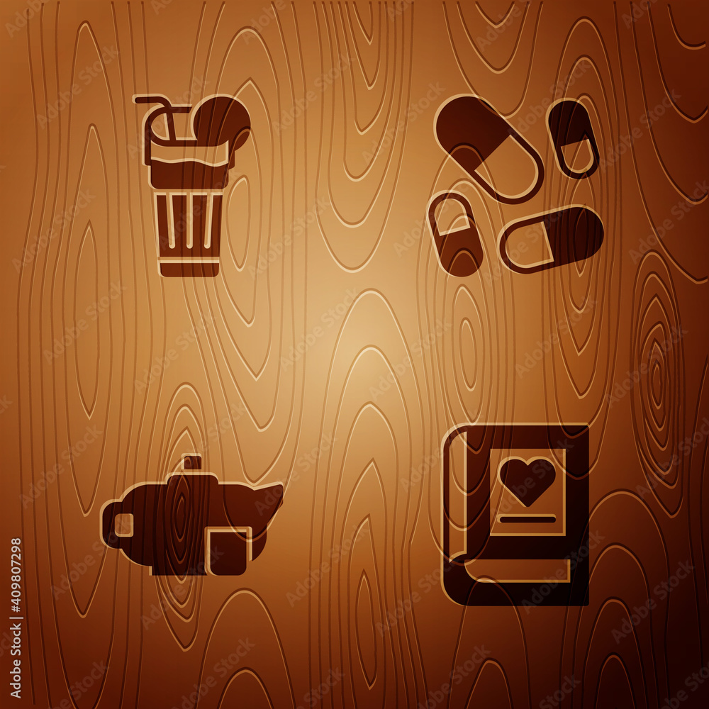 Sticker Set Medical book, Fresh smoothie, Teapot with cup and Vitamin pill on wooden background. Vector.