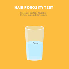 Natural hair porosity float test infographics. Strand with low cuticle porosity in a glass of water. Vector cartoon illustration on yellow background. - obrazy, fototapety, plakaty