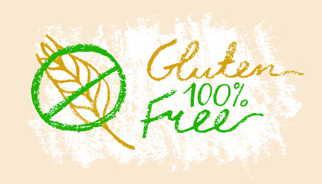Hand-drawn text Gluten free icon vector. Handwritten badge gluten-free 100% guarantee. Healthy eating symbol with crayon texture effect. Allergen free sign. Emblem for green products label. Bread pack