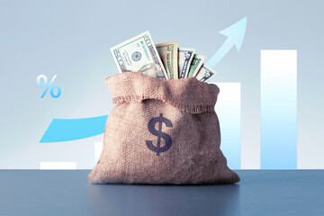 Profit on deposit in bank and dividend for stock investment concept. Dollar growth chart.