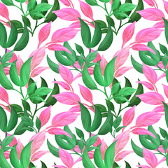 seamless pattern with bright tropical leaves in green and pink, the leaves have clear lighter veins, isolated on a white background, stock illustration