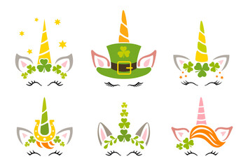 Set of st patrick unicorns with shamrock, clover leaf . Cute irish unicorn head and unicorn face with closed eyes, horn and long eyelashes. Design for kids shirts postcards and posters. Fairy magic an