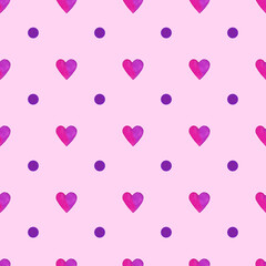 Seamless pattern with pink and purple hearts and dots on pink background. Romantic hand painted watercolor illustration. Valentines day wrapping paper, scrapbook page, wallpaper, textile designs.