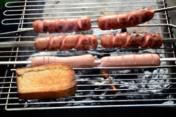 Sausages are cooked on a grill on coals . BBQ, outdoor barbecue .
