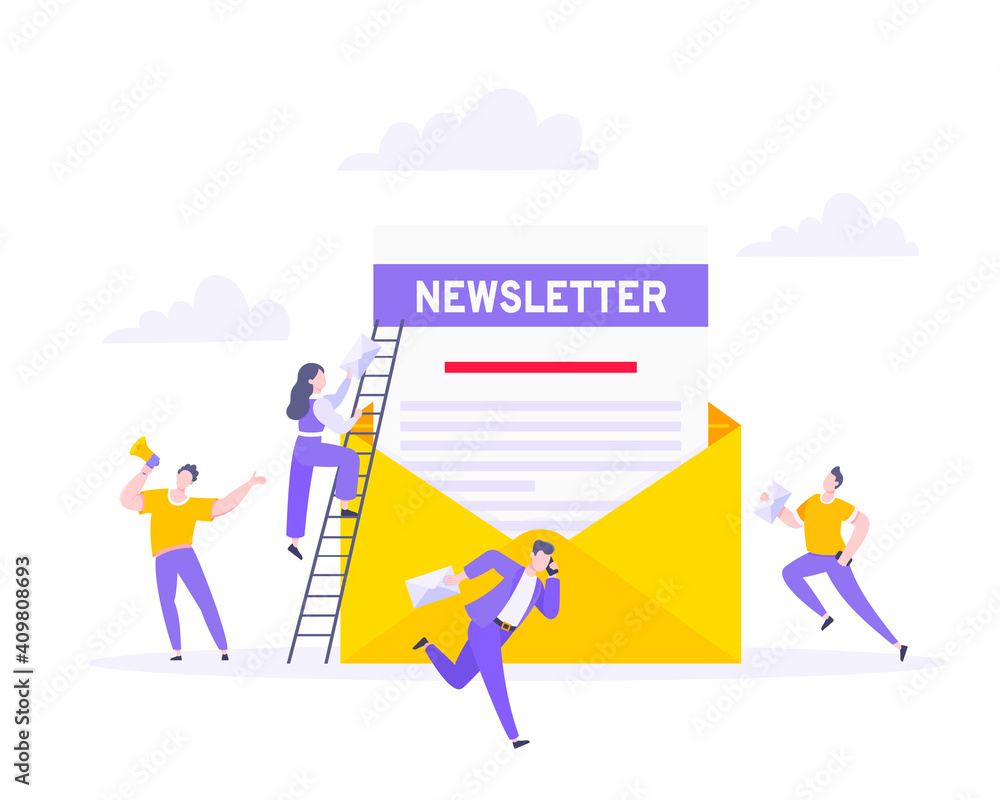 Poster subscribe now to our newsletter vector illustration with tiny people working with envelope and newsl