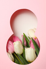 Paper cut Eight made of pink background and tulips on white background