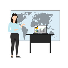 Business presentation. Businesswoman standing near the blackboard making a presentation. Indicates and explains the diagram, gives the report. Vector illustration of a flat design style. Businesswoman