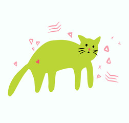 Strange Green Cat Hand-drawn, Unusual Cat