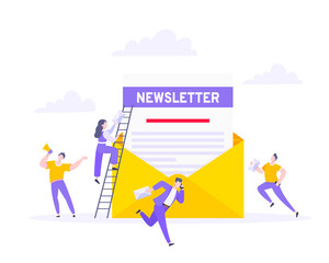 Subscribe now to our newsletter vector illustration with tiny people working with envelope and newsletter. Email news subscription or mail marketing business flat style design concept.