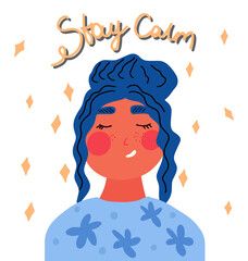 Cute girl with freckles hand-drawn, calm girl. The inscription is made by hand keep calm