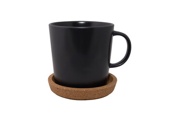 cup of coffee and round Cork mat isolated on white background