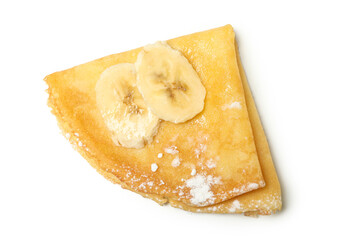 Crepe with sugar powder and banana slices isolated on white background