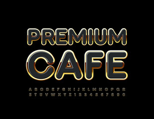 Vector elite logo Premium Cafe. Black and Gold glossy Font. Chic Alphabet Letters and Numbers set