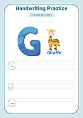 Alphabet tracing practice Letter G. Tracing practice worksheet. Learning alphabet activity page.