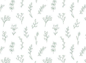 Floral seamless pattern with wild flowers, herbs, branchs. Vector hand drawn garden print. Botany repeat background in doodle style. Vintage outline design.