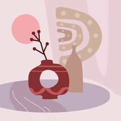 Still life abstract contemorary minimalism. Vase flora intreior abstract elements shapes. Modern poster