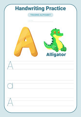 Alphabet tracing practice Letter A. Tracing practice worksheet. Learning alphabet activity page.