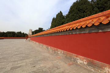 Fototapeta na wymiar Yellow tile and red wall architectural landscape in Ditan Park, Beijing, China, 2007