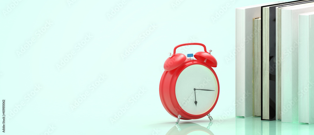 Poster close-up alarm clock red and books with education learning time concept on blue - green background.c