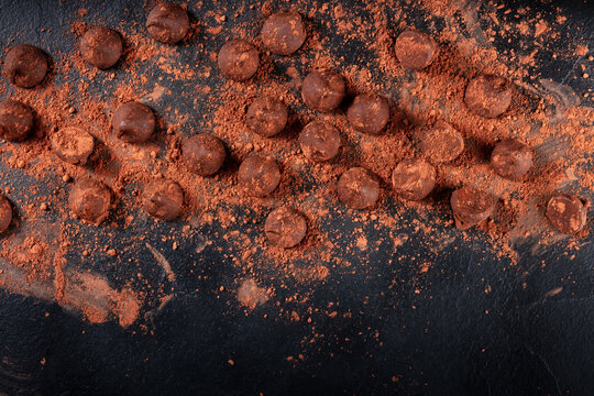 Many Chocolate Truffles With Cocoa Powder, Overhead Flat Lay Shot With Copy Space