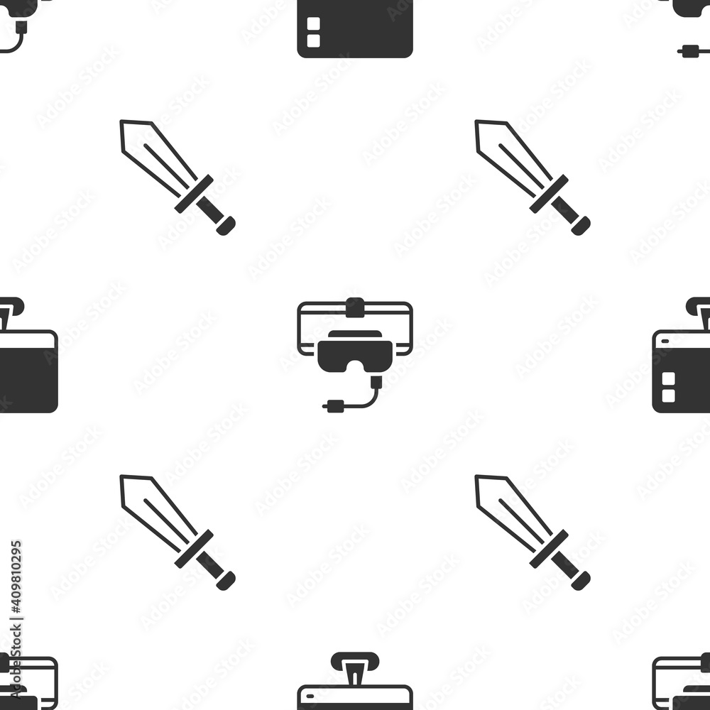 Poster set computer monitor screen, virtual reality glasses and sword for game on seamless pattern. vector.