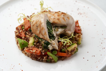 Baked chicken breast with quinoa rice. Healthy food