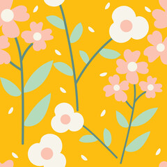 Seamless pattern with cute cartoon flowers and leaves for fabric print, textile, gift wrapping paper. colorful vector for kids, flat style