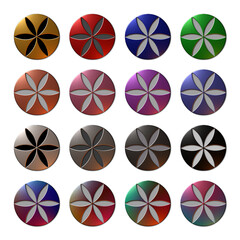 A set of 16 x 3D rendered illustration of metallic buttons with flower designs.