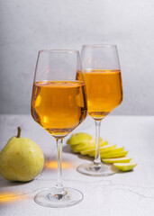 amber or orange wine made from white grapes. in a tall wine glass. Georgian national wine according to old technology