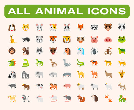 All animals vector illustrations set. Wild, domestic, farm, savannah animals icons set. Dog, cat, rabbit, horse, monkey, elephant, lion, giraffe, crocodile, cow cute cartoon vector collection