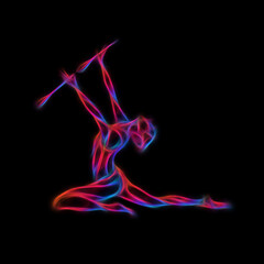 Creative silhouette of gymnastic girl with clubs. Art gymnastics flexible girl