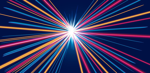 Abstract colorful background with the neon rays and the star in the middle. Vector image.
