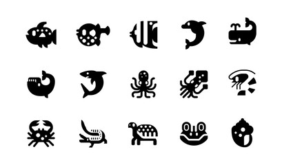 Fishes and reptiles vector illustration icons set. Seafood, ocean animals, dolphin, shark, whale, squid, octopus, shrimp, crab, crocodile, frog isolated cartoon black flat symbols collection