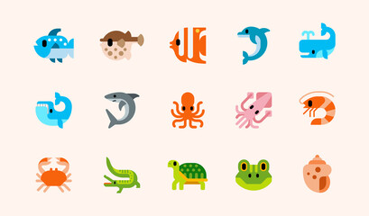 Fototapeta na wymiar Fishes and reptiles vector illustration icons set. Seafood, ocean animals, dolphin, shark, whale, squid, octopus, shrimp, crab, crocodile, frog isolated cartoon colorful flat symbols collection