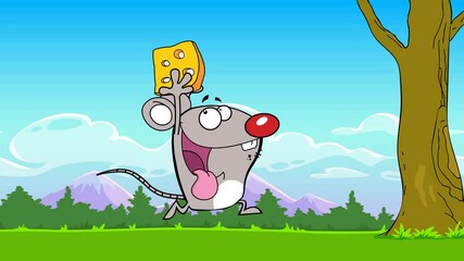 Happy Mouse Cartoon Character Running With Cheese. 4K Animation Video Motion Graphics With Landscape Background
