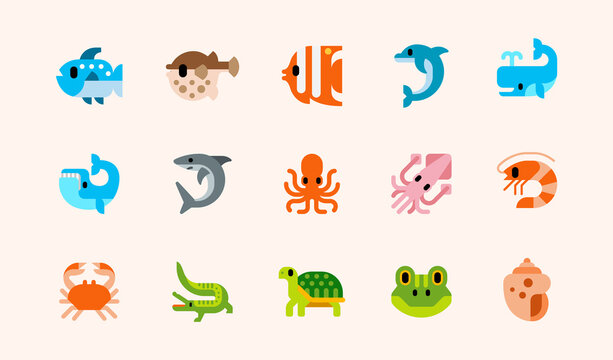 Fishes and reptiles vector illustration icons set. Seafood, ocean animals, dolphin, shark, whale, squid, octopus, shrimp, crab, crocodile, frog isolated cartoon colorful flat symbols collection