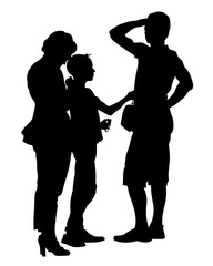 Families with little child walking on street. Isolated silhouettes of people on white background