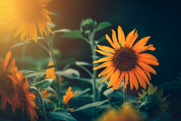 field of blooming sunflowers and light of sun in the morning.